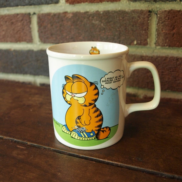 Garfield by Jim Davis Ceramic Coffee Mug 1978 Enesco ‘I Might as Well Exercise, I’m in a Bad Mood Anyway’