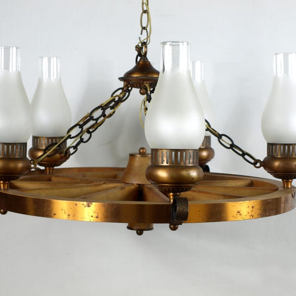 Vintage Wood Wagon Wheel 27" Chandelier w/ 5 Frosted Scalloped Glass Hurricane Chimneys  - 16" Tall - Great Condition w/ Patina Spots