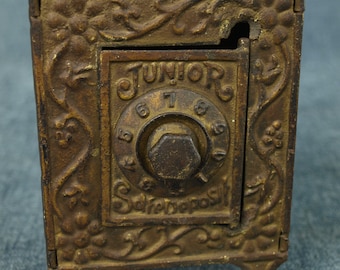 Antique Cast Metal Junior Safe Deposit Toy Safe Coin Bank with Combination Dial - Broken Face by Hinge