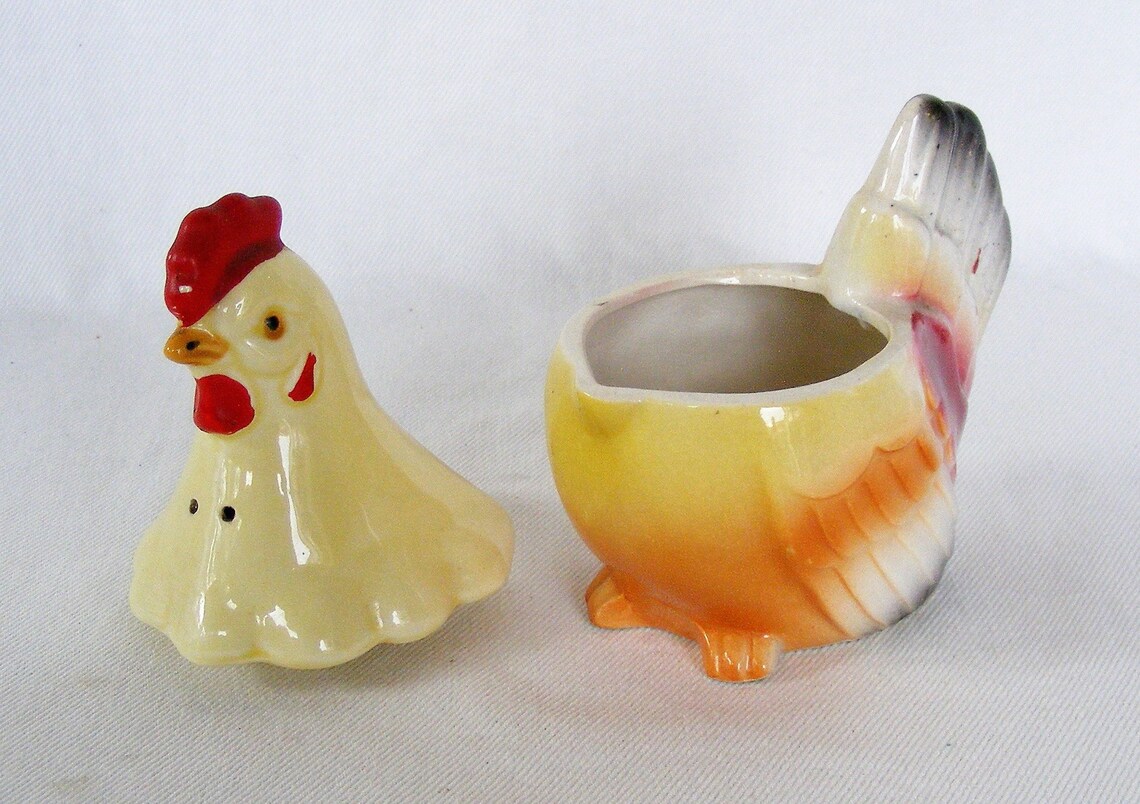 Vintage Lidded Porcelain Rooster Sugar Bowl and Spice Shaker Etsy
