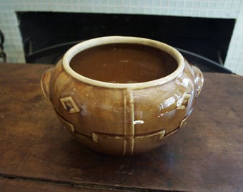 Early American Stoneware Planters Pot Ceramic Pottery Made in USA with Brown Glaze and Aztec Design