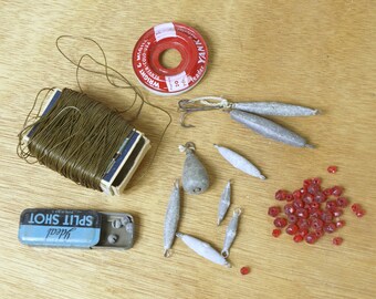 SALE Vintage Fishing Tackle in Band Aid Box Fishing Drop Line Line Spool  Cork Bobber Lead Sinker 