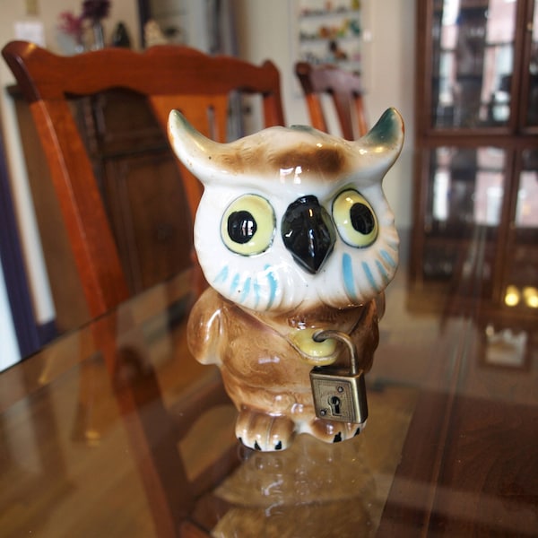 Vintage Ceramic Owl Bank with Lock – 1167 – Possibly Napco