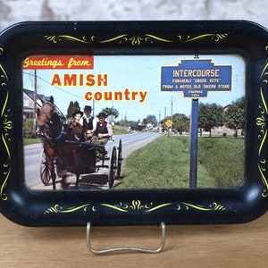 Vintage Souvenir Tray &quot;Greetings from Amish Country&quot; - Intercourse, Penna. Travel Souvenir -  6.5&quot; x 4.5&quot; - Metal Trinket Coin Tray - VG