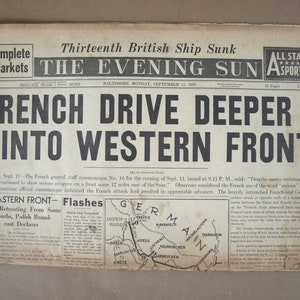 第二次世界大戦のヴィンテージ新聞「フランスの運転手、西部戦線に深く潜入」イブニング・サン 1939年9月11日 第59巻 - 第二次世界大戦 1939年9月 記念品