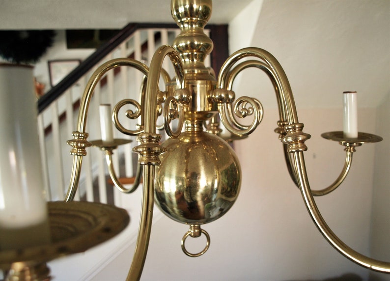 Vintage Dutch Flemish Brass 6 Arm Incandescent Chandelier