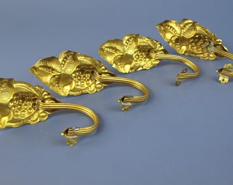 Set of 4 Antique Victorian Brass Curtain Tiebacks - Ornate Grapevine & Leaf Motif - Architectural Salvage Window Hardware