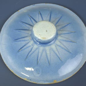 Vintage Blue Stoneware Preserve Jar Lid 5" - Antique Crock Button Knob Cap with Sunburst Design, Unmarked Replacement