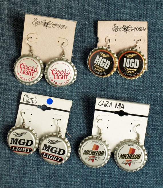 Vintage Beer Cap Earrings Michelob Light, Coors Lig… Gem