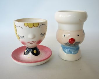 Vintage Porcelain Egg Cup Holder of Chef and a Woman with Attached Tray / Male and Female – Midcentury Japan