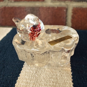 Hand Made Hallingglass Norway Clear Art Glass Candlestick Holder with Bird Figure with Red Breast