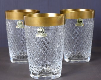 Mid Century Vintage Echt Bleikristall Hand Cut Crystal Tumblers w/ 24K Gold Rims, Set of 3 - Original Stickers - Whiskey Glasses - Barware