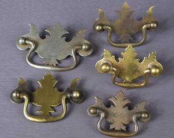 Antique Chippendale Style Drawer Pulls, Lot of 5 - Assorted Sizes, 1 Steel & 4 Brass -  Colonial Revival - Reclaimed Hardware, Good+