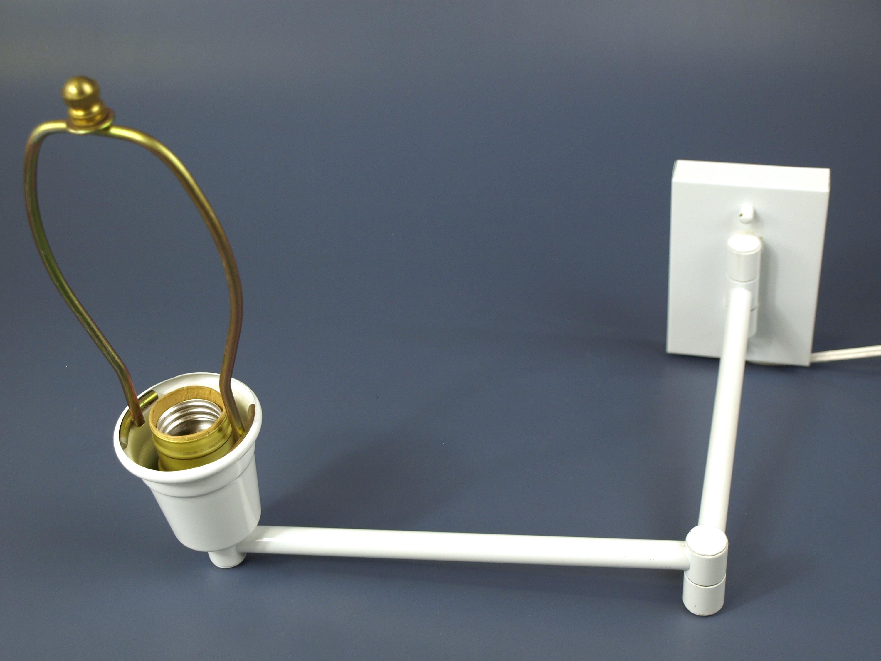 White Metal Swing-Out Wall Lamp w/ Harp & Finial (No Shade) - Working Condition - Plug In or Hardwired Capable, VG