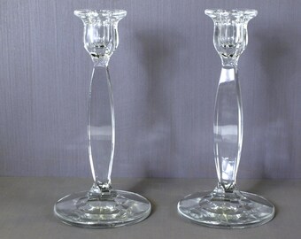 Antique Pair of Heisey 9" Clear Single Light Candlesticks Holders in Sanford Pattern 1912-1929 In Excellent Condition