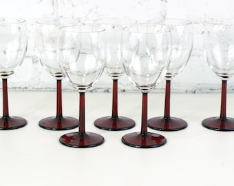 Vintage Luminarc Red Stemmed Wine Glasses Set of 7 Ruby Goblet c. 1980s Made in France 7" T x 2.75" Dia NOS New, Old Stock w Stickers 1 Chip