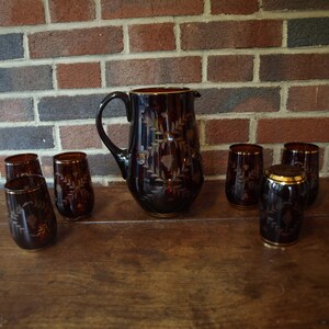 Vintage Bohemian Ruby Red to Clear Hand Etched Crystal Pitcher Set with Gold Trim and 6 Tumbler Cups image 5