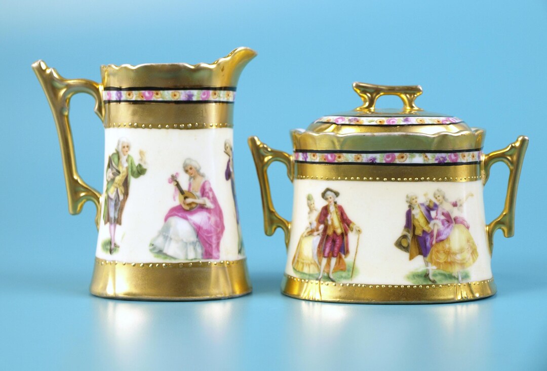 Antique German Hand Painted Porcelain Sugar and Creamer Set With ...