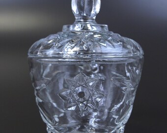Vintage Anchor Hocking Star of David Clear Pressed Glass Lidded Sugar Bowl or Candy Dish