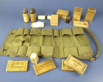 Rare Vintage WWII Era Canvas  Military M-1 Jungle First Aid Kit w Supplies circa 1940s Militaria