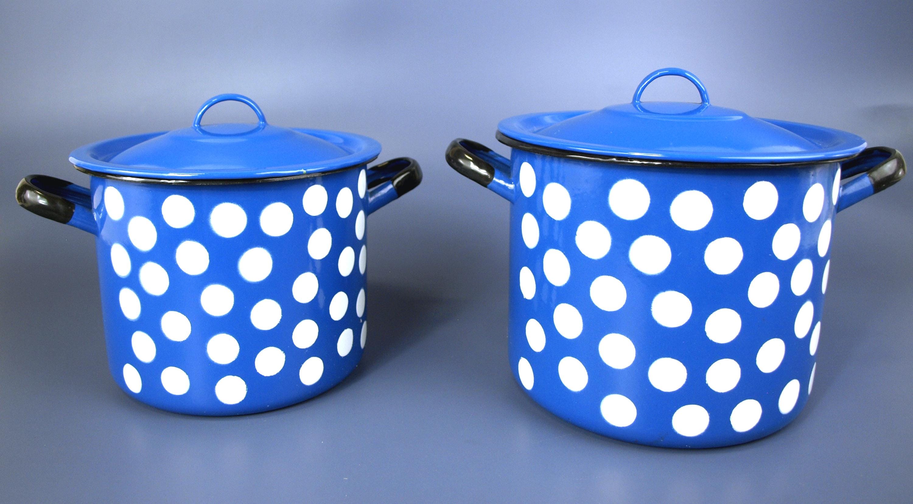Two Vintage Polish Blue With White Polka Dot Enamelware Lidded