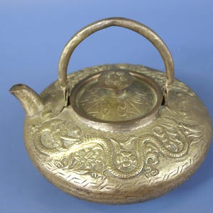 Vintage Hand Hammered Brass Dragon Tea Kettle | Ornate Asian Teapot