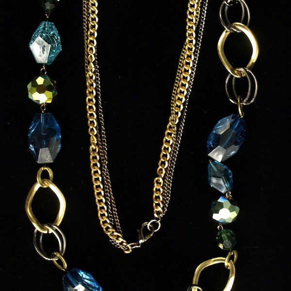 Vintage 1990's Blue Green and Metals 35" Necklace - Plastic Faceted Beads with Tri-Colored Metals - Fun!