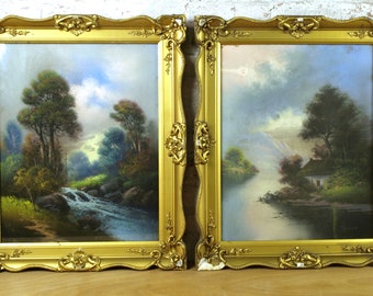 Two Large Pastel Landscape Art signed Phillipe by Artist in Matching Antique Gold Tone Frames - Bucolic Mountain Scenes w/ Rivers & Lakes