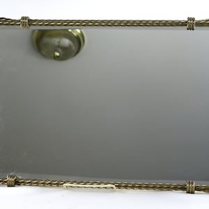 Vintage Brass Framed Bevelled Mirror, 18.5&quot; by 12.75&quot; w/ Original Backing - Likely Mid Century Era - Decorative Brass Rope Frame - VG