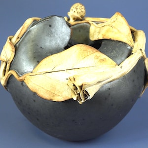 Vintage Art Pottery, Signed by the Artist - Magnolia Pot / Vase with Organic Leaf Design - Nearly 5.5" High x Approx. 6" Dia - Beautiful!
