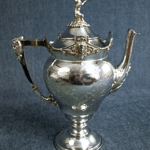 Rare Meriden Britannia Victorian Figural Silver Plate Coffee Tea Pitcher Early Aesthetic Movement Circa 1867 - STUNNING!