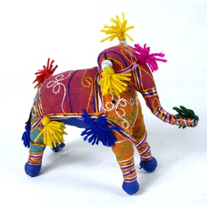 Vintage Handmade Elephant - Wood, Fabric, Yarn & Thread Construction - Likely Crafted in India - 8&quot; Long by 6.25&quot; Tall and 3.25&quot; Wide - VG