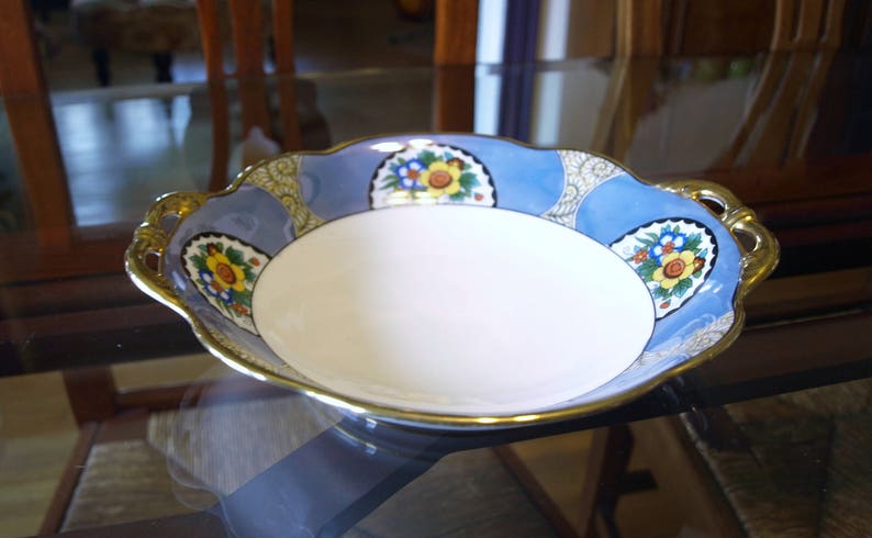 Noritake Hand Painted Double Handle Vintage Serving Bowl \u2013 Blue and White with Floral Design and Gold Trim