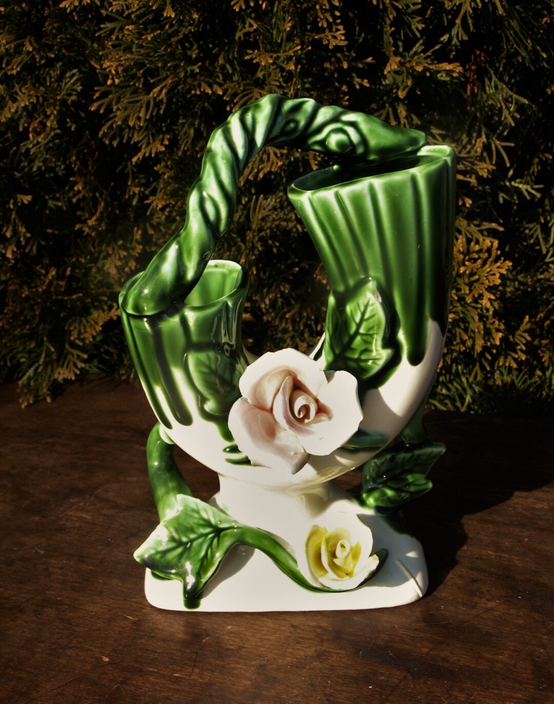 Vintage Royal Sealy Japan Porcelain Majolica Ceramic Flower Vase U Horn