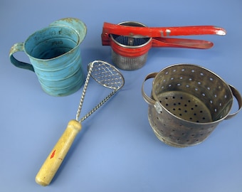 Antique Kitchen Utensils: Tin Pint Measuring Pitcher, Metal & Wood Potato Masher, Tin Cheese Mold Strainer, Potato Ricer - Sold Separately