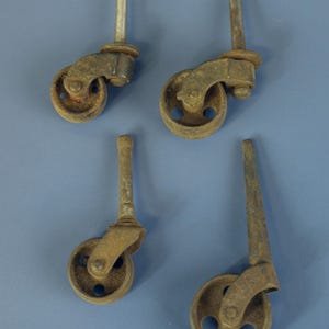 Antique Heavy Duty Cast Iron Caster Wheels with Stems Lot of 4 in Various Sizes & Shapes Furniture Restoration Parts in Good+ Condition