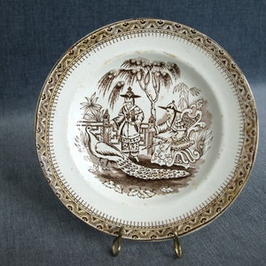 Antique Brown Transferware Plate depicting Peacock & Samurai - Japonism - 19th C. Staffordshire porcelain plate - 7.25&quot; diameter - Good+