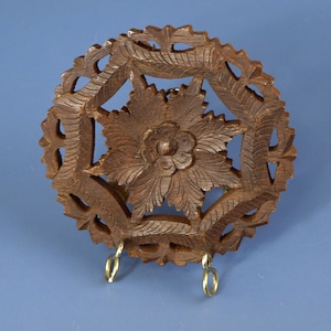 Vintage Hand Carved Teak Wood Trivet Flower and Leaf Radial Design with Round Feet - Made In India - 4.75" - Great Condition
