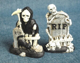 Halloween Grim Reaper and Skeleton with RIP Gravestones and Black Cat Tabletop Decorations - 4.75&quot; tall