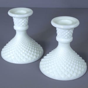 Vintage Westmoreland Hobnail Candlesticks - English Milk Glass - Good+ Condition - Set of 2