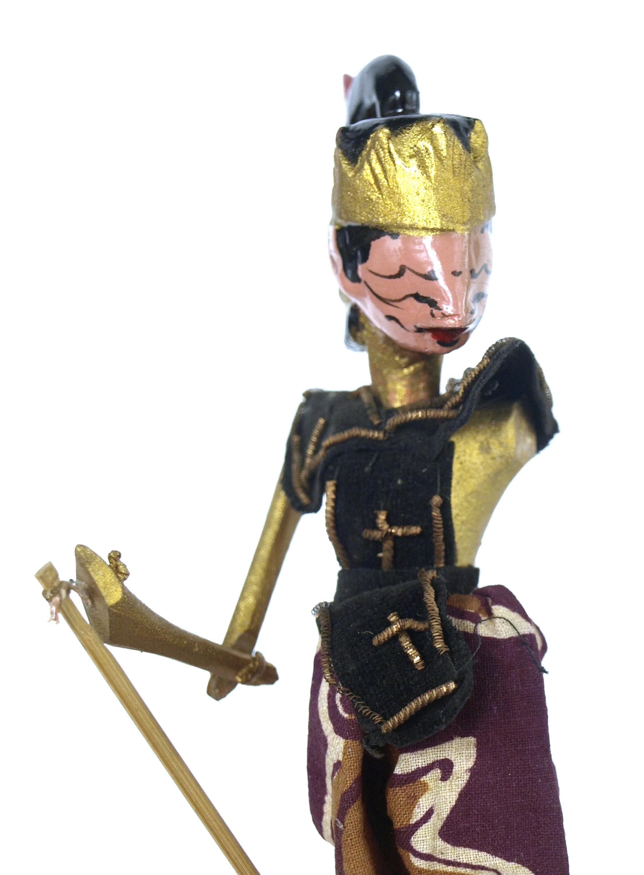 Vintage Indonesian Shadow Puppet Figure on Wooden Base - One Arm Unattached - 9.5" Tall with Original Tag - Beautiful Hand Painted Figure