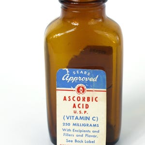 Vintage "Sears Approved" Ascorbic Acid (Vitamin C) Tablet Bottle - Circa 1960's Amber Glass Bottle w/ Labels; No Lid  - Sears, Roebuck & Co.