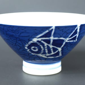 Vintage Chinese Rice Bowl with Hand Painted Cobalt Blue & White Koi Carp Fish Footed Porcelain Cup in Excellent Condition