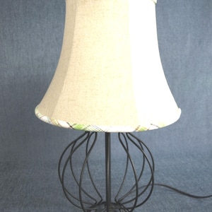 Vintage Open Cage Iron Globe Table Lamp with Tan Linen Like Plaid Trimmed Lampshade