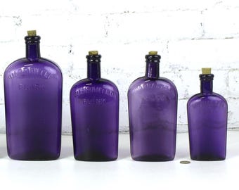 Antique Deep Purple Amethyst Warranted Flasks - Collectible Whiskey Liquor Bottles Barware in Quart, Pint & Half Pint Sizes Sold Separately