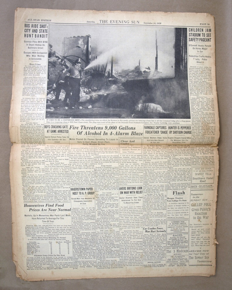 Vintage Newspaper THE EVENING SUN Saturday September 16 1939 vintage-newspaper-the-evening-sun-saturday-september-16-1939
