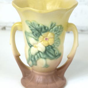 Vintage HULL Art Pottery Handled Vase with Wild Flower Yellow Rose circa 1946 - 5.5" H x 4 3/8" W - Good+ condition, Collectible