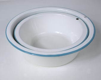 Vintage Enamel Mixing Bowls, Set of 2 - White & Blue Bowls w/ Rim Hole - Medium and Large Included - Good+ Condition