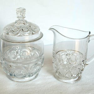 Antique EAPG Higbee Diamond Point Disc Large Lidded Sugar Bowl and Creamer or Milk Pitcher and Candy Dish – Circa early 1900’s