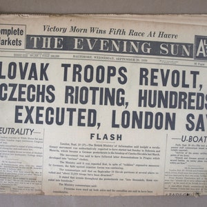 Vintage WWII Newspaper &quot;Slovak Troops Revolt, Czechs Rioting, Hundreds Executed, London Says&quot; The Evening Sun 9/20/39 Vol 59 September 1939
